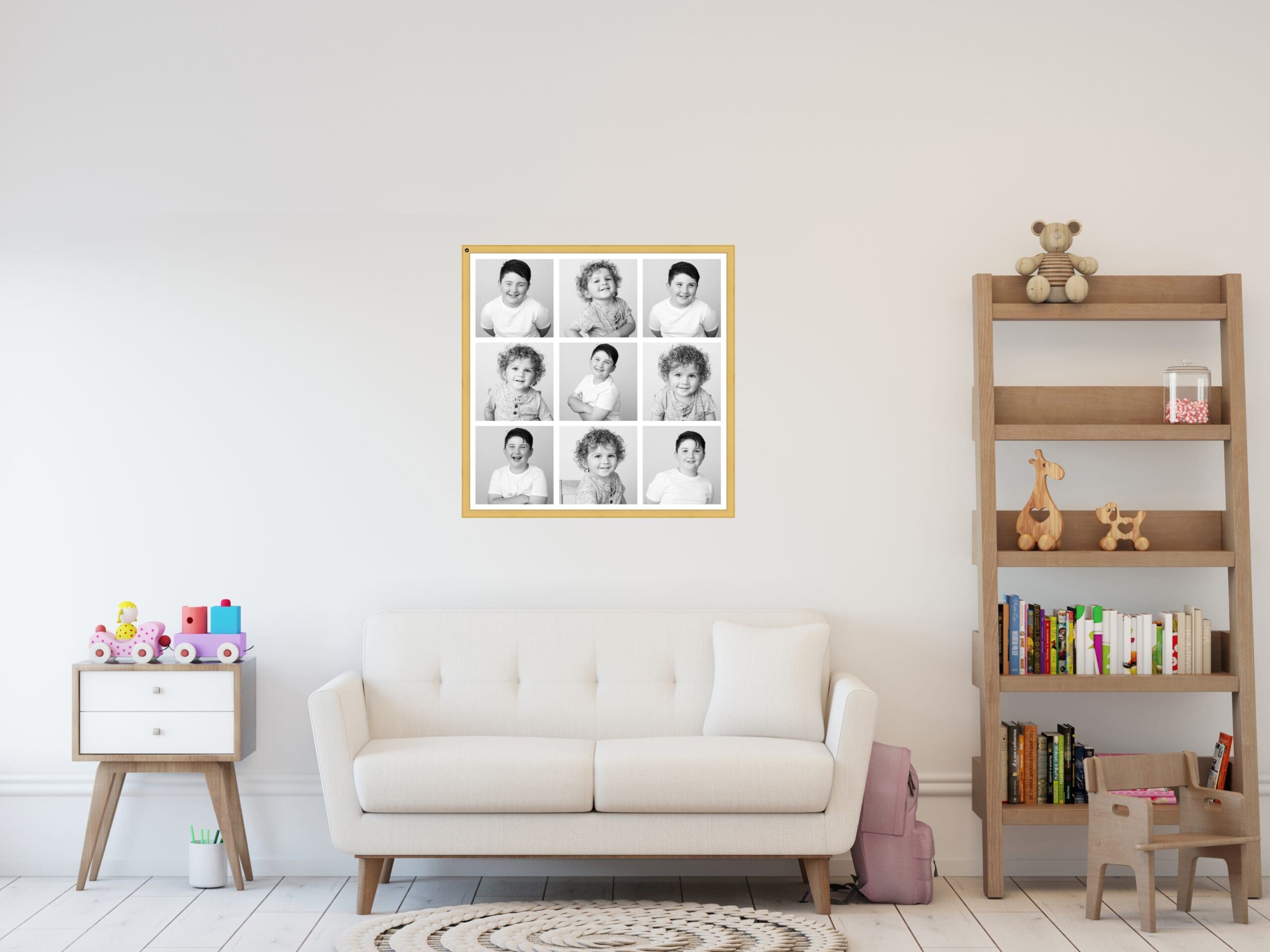 playroom with artwork framed on the wall of black and white portraits together